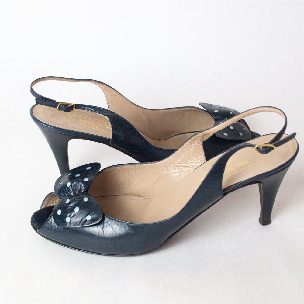 Bruno Magli Vintage Size 10 B Heeled Peep Toe Sandals with Polka Dot Bow - Picture 8 of 14